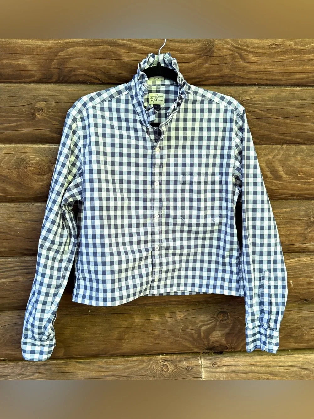 Upcycled J. Crew Navy and White Gingham Button-Down Shirt with Ruffle Neck - Picture 2 of 14